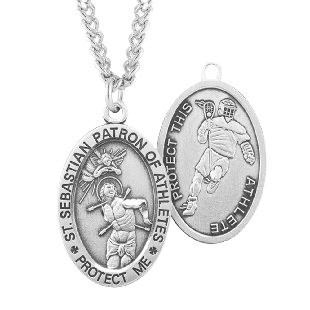 Saint Sebastian Oval Sterling Silver Lacrosse Male Athlete Medal, Catholic Gift, Made in USA