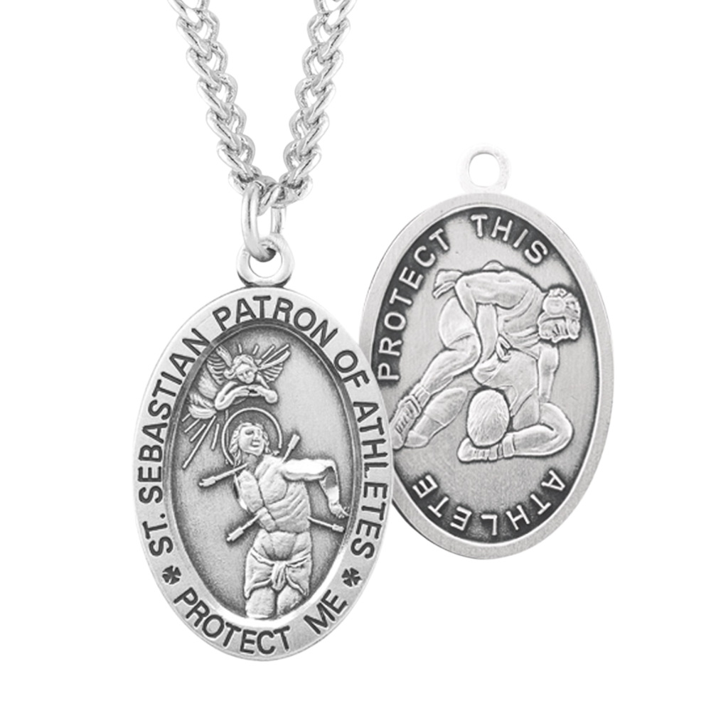 Saint Sebastian Oval Sterling Silver Wrestling Male Athlete Medal, Catholic Gift, Made in USA