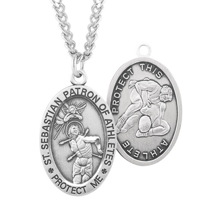 Saint Sebastian Oval Sterling Silver Wrestling Male Athlete Medal, Catholic Gift, Made in USA