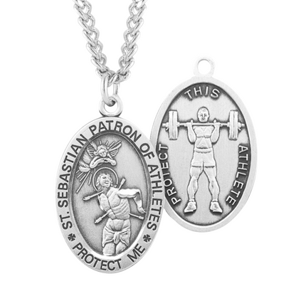Saint Sebastian Oval Sterling Silver weightlifting Male Athlete Medal, Catholic Gift, Made in USA