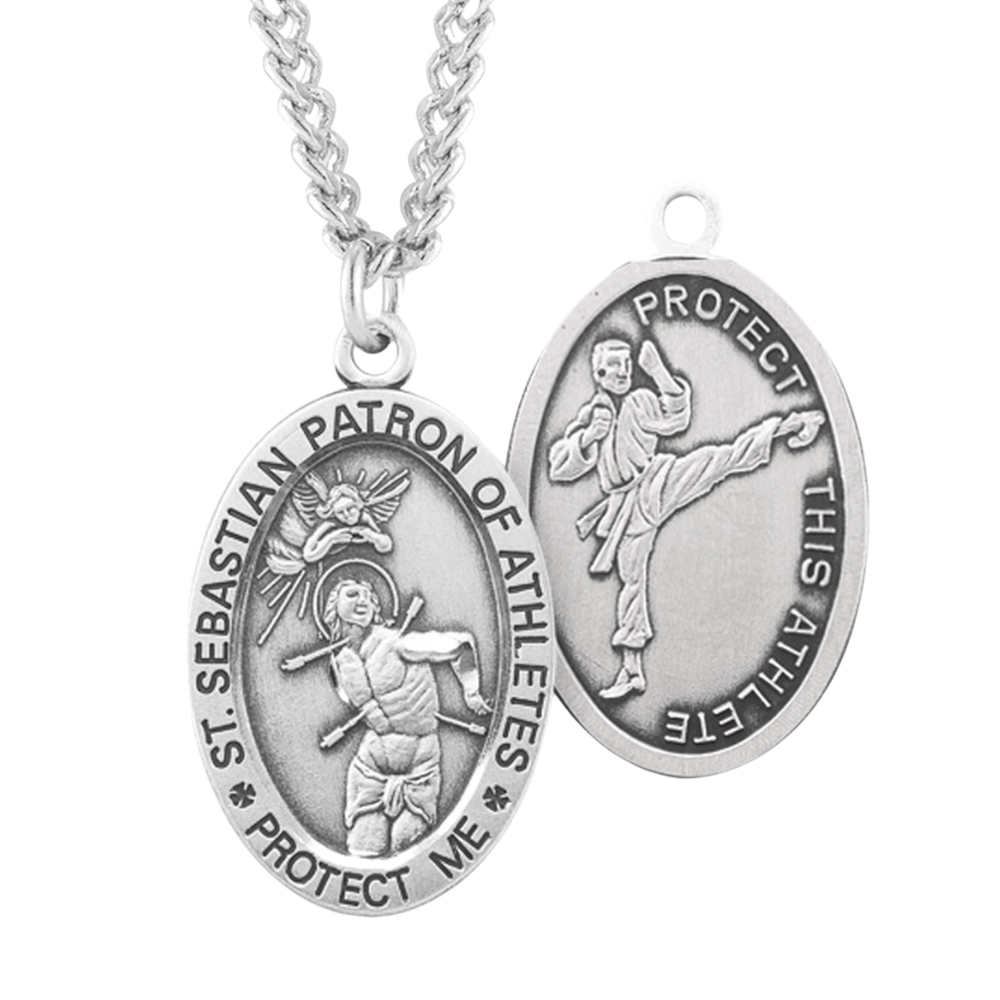 Saint Sebastian Oval Sterling Silver Martial Arts Male Athlete Medal, Catholic Gift, Made in USA