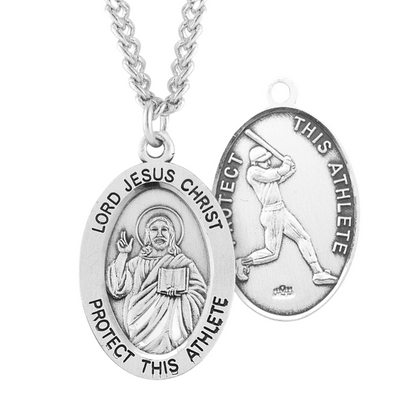 Lord Jesus Christ Oval Sterling Silver Baseball Male Athlete Medal, Catholic Gift, Made in USA