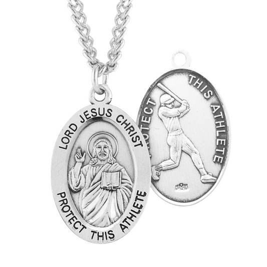 Lord Jesus Christ Oval Baseball Male Athlete Medal Sterling Silver Pendant - 24 Inch Chain, Made in USA, Gift Box Included