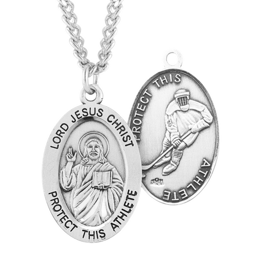 Lord Jesus Christ Oval Football Male Athlete Medal Sterling Silver Pendant - 24 Inch Chain, Made in USA, Gift Box Included