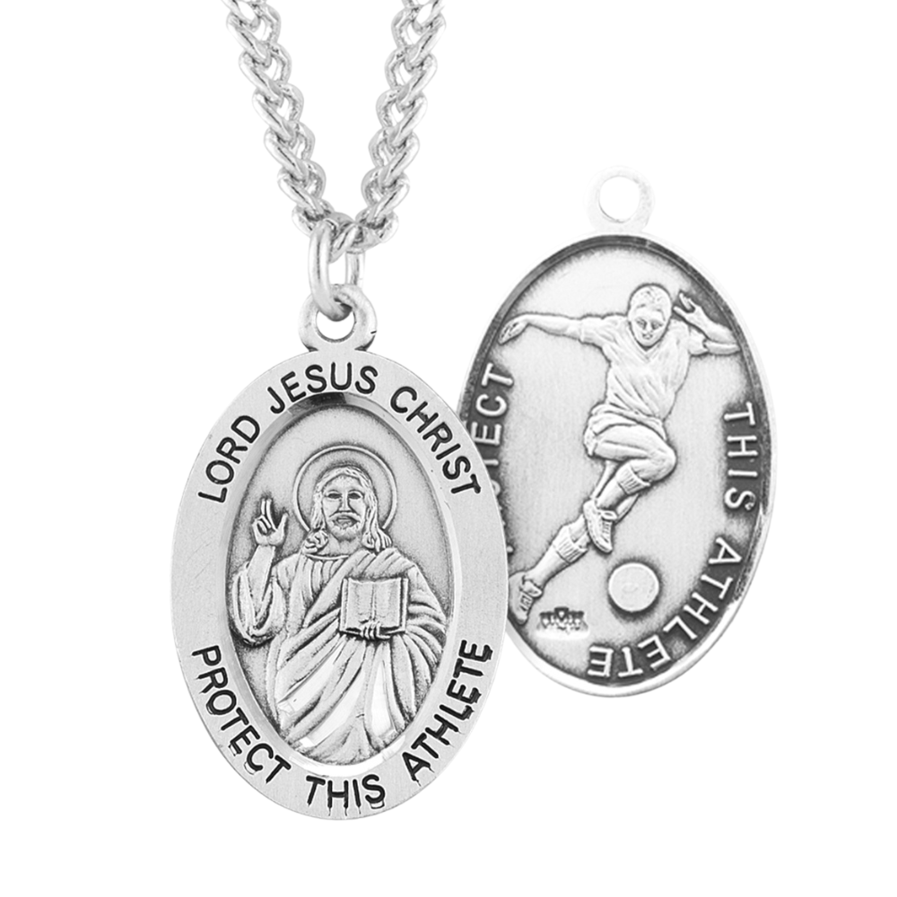 Lord Jesus Christ Oval Sterling Silver Soccer Male Athlete Medal, Catholic Gift, Made in USA