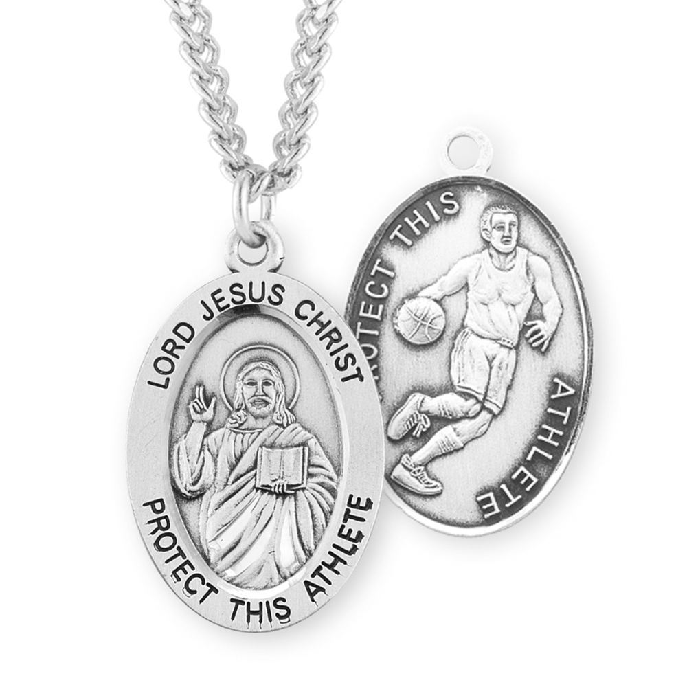 Lord Jesus Christ Oval Sterling Silver Basketball Male Athlete Medal, Catholic Gift, Made in USA