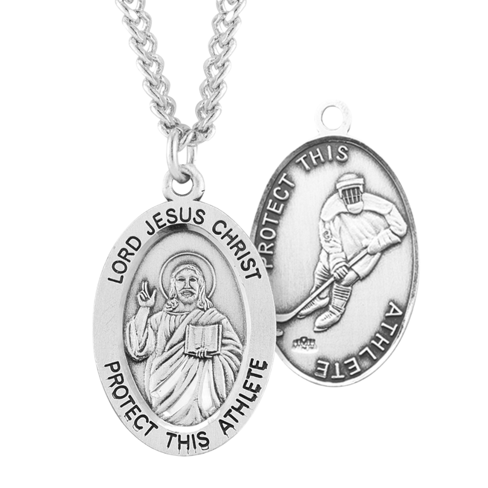 Lord Jesus Christ Oval Sterling Silver Hockey Male Athlete Medal, Catholic Gift, Made in USA