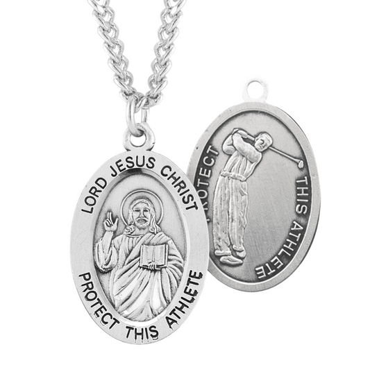 Lord Jesus Christ Oval Sterling Silver Golf Male Athlete Medal, Catholic Gift, Made in USA