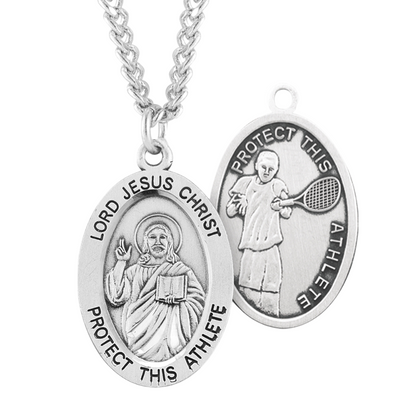 Lord Jesus Christ Oval Sterling Silver Tennis Male Athlete Medal, Catholic Gift, Made in USA