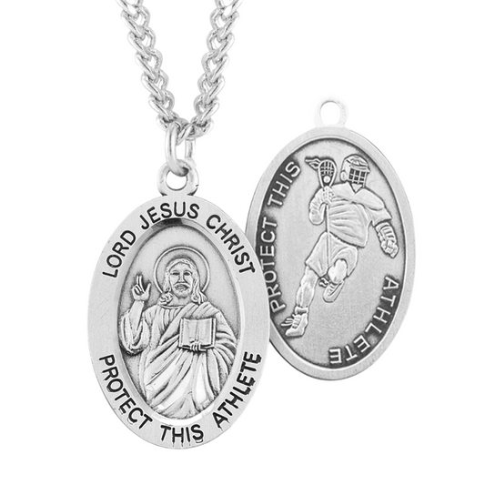 Lord Jesus Christ Oval Sterling Silver Lacrosse Male Athlete Medal, Catholic Gift, Made in USA
