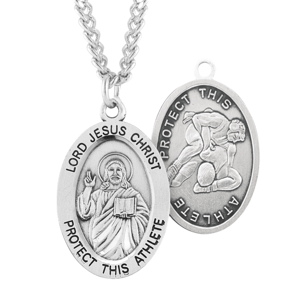 Lord Jesus Christ Oval Sterling Silver Wrestling Male Athlete Medal, Catholic Gift, Made in USA