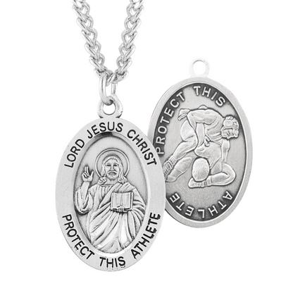 Lord Jesus Christ Oval Sterling Silver Wrestling Male Athlete Medal, Catholic Gift, Made in USA