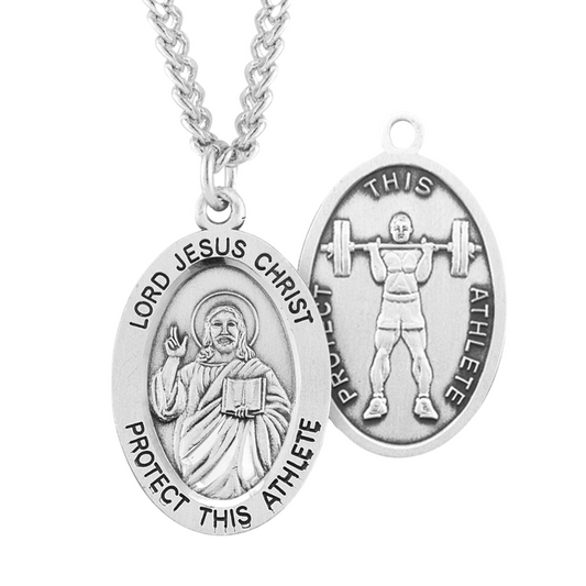 Lord Jesus Christ Oval Sterling Silver weightlifting Male Athlete Medal, Catholic Gift, Made in USA