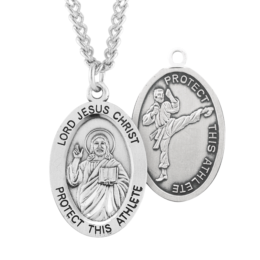 Lord Jesus Christ Oval Sterling Silver Martial Arts Male Athlete Medal, Catholic Gift, Made in USA