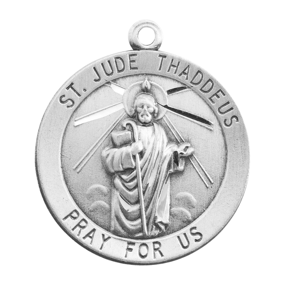 Saint Jude Sterling Silver Round Medal Pendant — 24" Chain, Gift Box Included