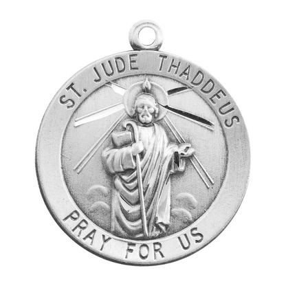 Saint Jude Sterling Silver Round Medal Pendant — 24" Chain, Gift Box Included