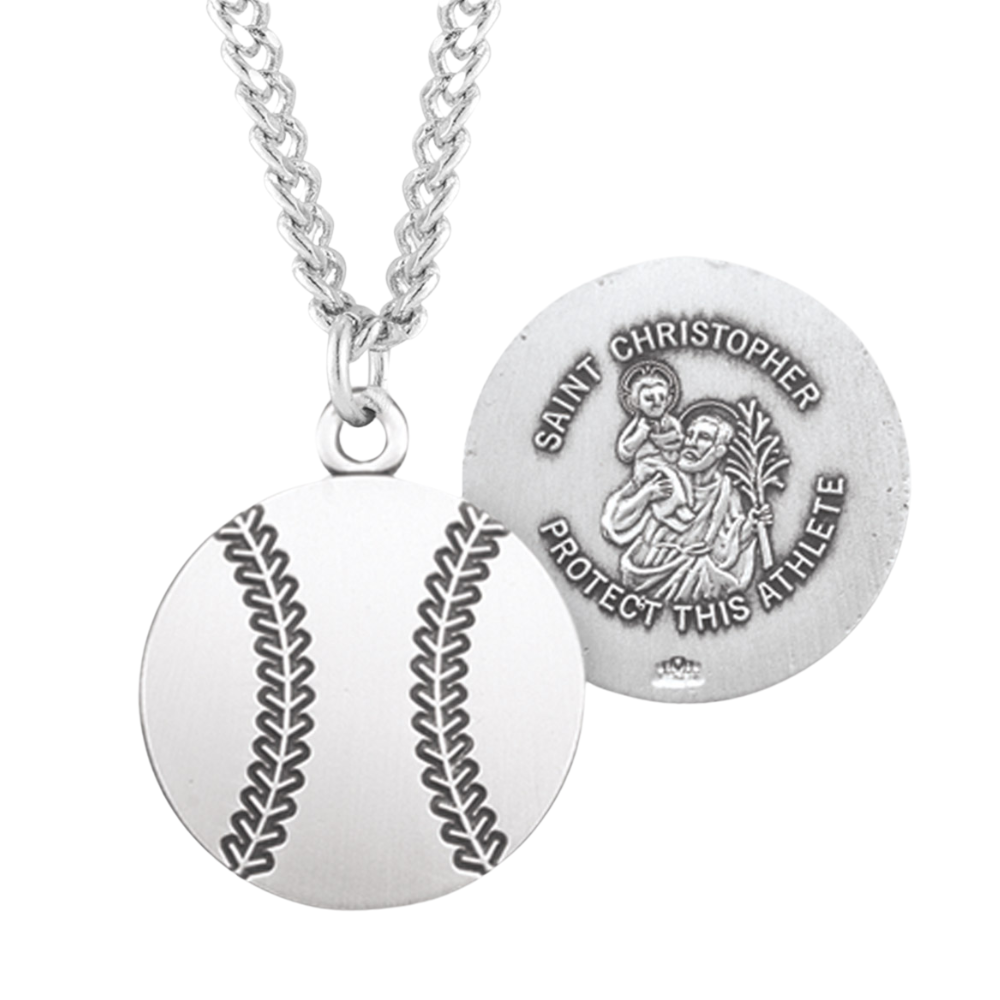 Saint Christopher Oval Sterling Silver Baseball Athlete Medal, Catholic Gift, Made in USA