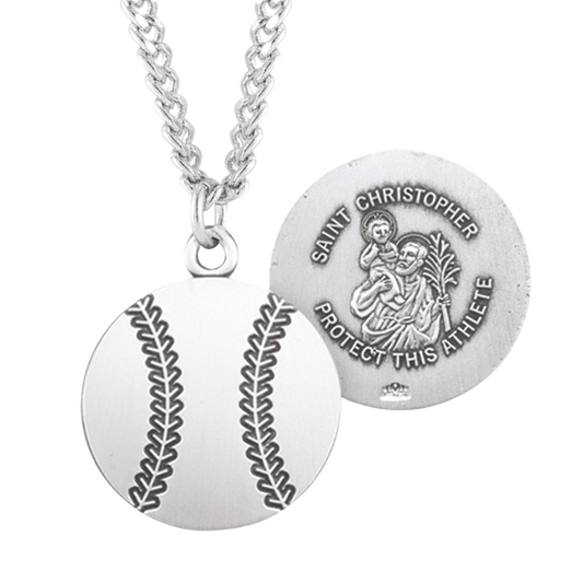 Saint Christopher Oval Baseball Athlete Medal Sterling Silver Pendant - 24 Inch Chain, Made in USA, Gift Box Included