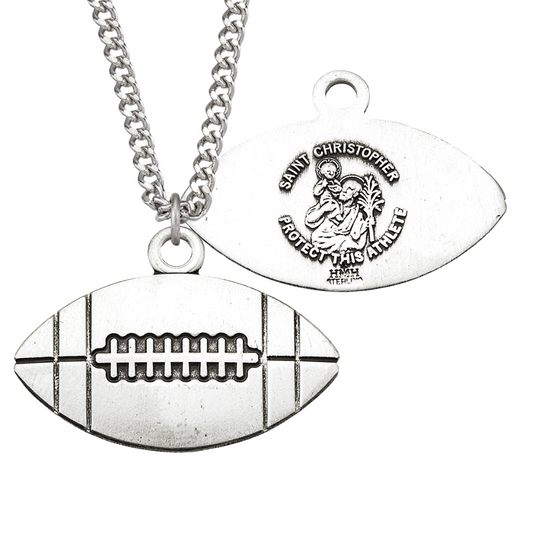 Saint Christopher Football Athlete Medal Sterling Silver Pendant - 24 Inch Chain, Made in USA, Gift Box Included