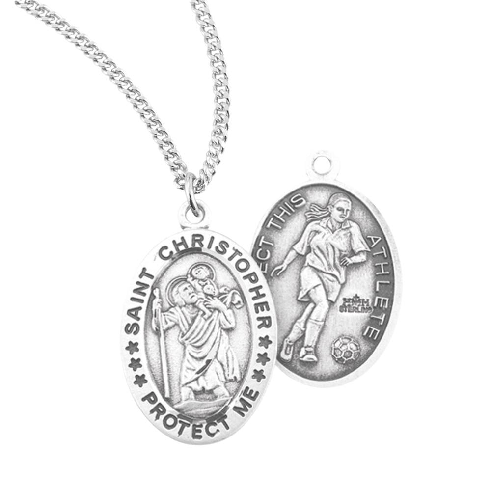 Saint Christopher Oval Sterling Silver Female Soccer Athlete Medal, Catholic Gift, Made in USA