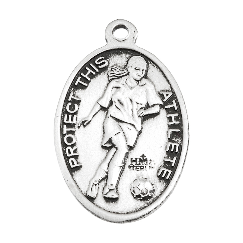 Saint Christopher Sterling Silver Female Soccer Medal Necklace — 18" Chain