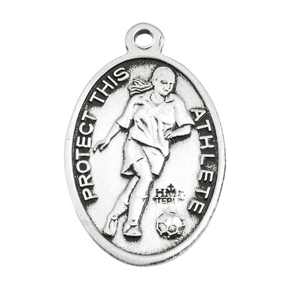 Saint Christopher Sterling Silver Female Soccer Medal Necklace — 18" Chain