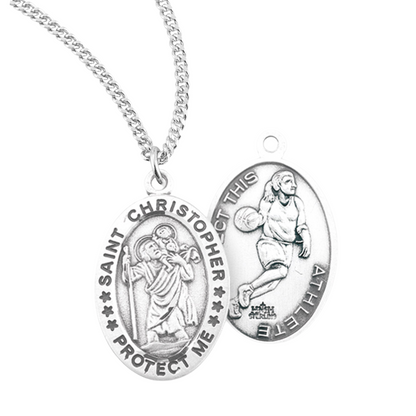 Saint Christopher Oval Sterling Silver Female Basketball Athlete Medal, Catholic Gift, Made in USA