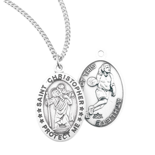 Saint Christopher Oval Sterling Silver Female Basketball Athlete Medal, Catholic Gift, Made in USA