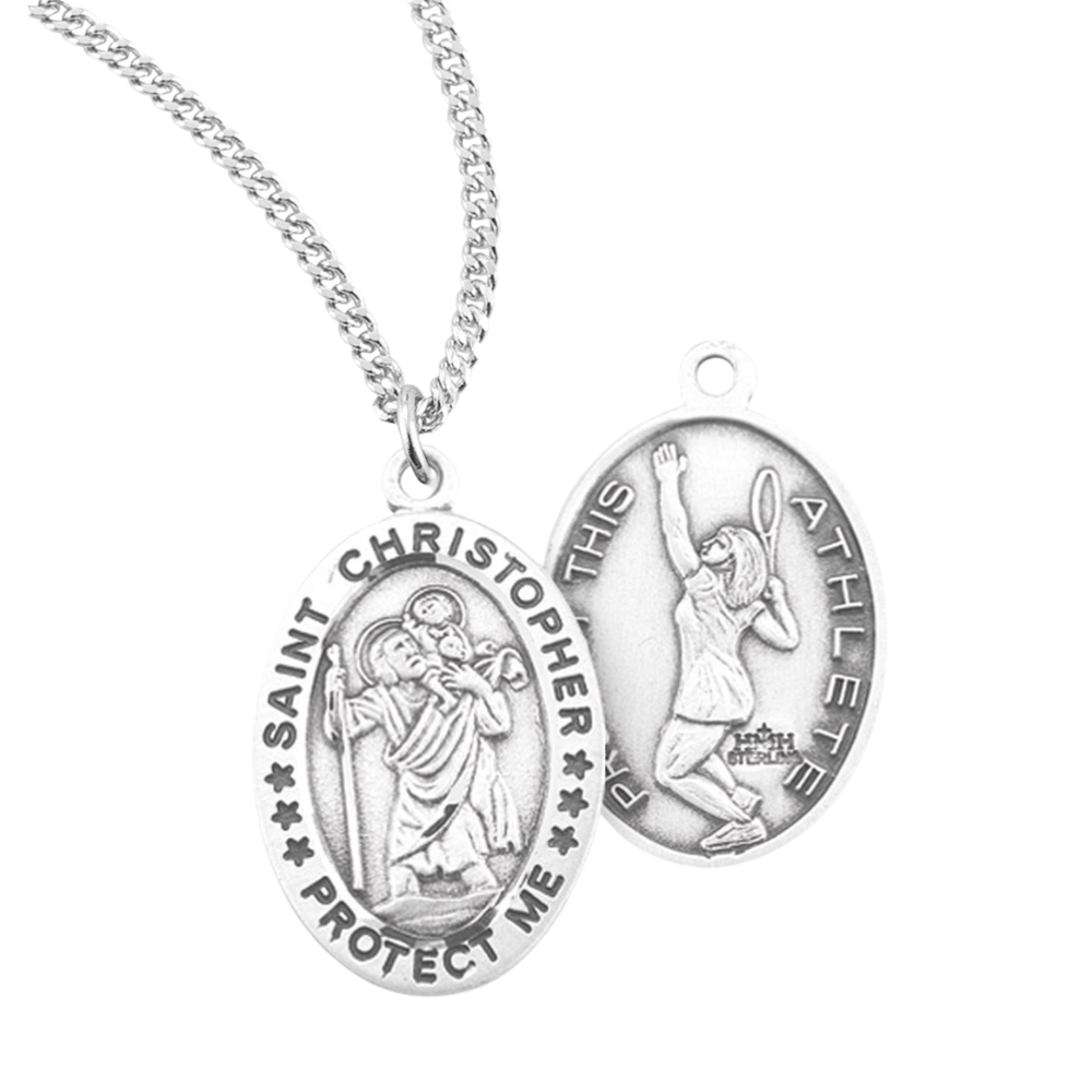 Saint Christopher Oval Sterling Silver Female Tennis Athlete Medal, Catholic Gift, Made in USA