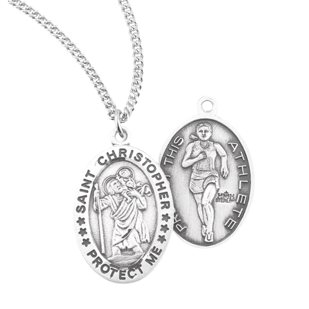 Saint Christopher Oval Sterling Silver Female Track Athlete Medal, Catholic Gift, Made in USA