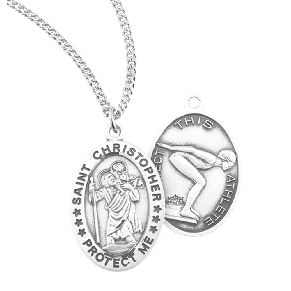 Saint Christopher Oval Sterling Silver Female Swimming Athlete Medal, Catholic Gift, Made in USA