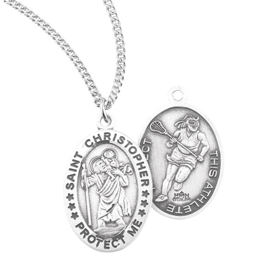 Saint Christopher Oval Sterling Silver Female Lacrosse Athlete Medal, Catholic Gift, Made in USA