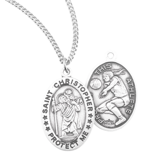 Saint Christopher Oval Sterling Silver Female Volleyball Athlete Medal, Catholic Gift, Made in USA