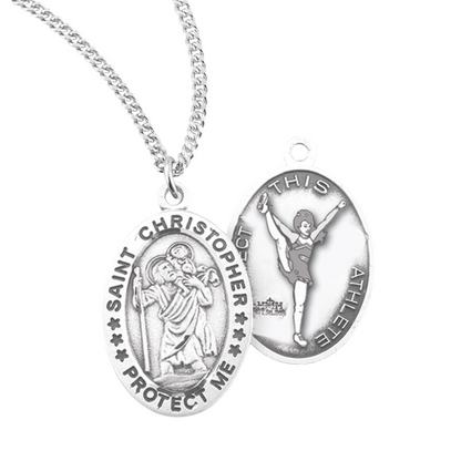Saint Christopher Oval Sterling Silver Female Cheer Athlete Medal, Catholic Gift, Made in USA