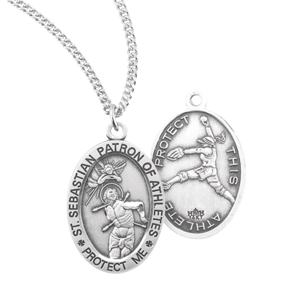 Saint Sebastian Oval Sterling Silver Female Softball Athlete Medal, Catholic Gift, Made in USA