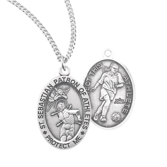Saint Sebastian Oval Sterling Silver Female Soccer Athlete Medal, Catholic Gift, Made in USA