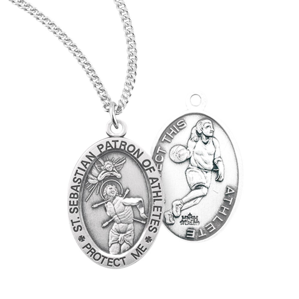 Saint Sebastian Oval Sterling Silver Female Basketball Athlete Medal, Catholic Gift, Made in USA