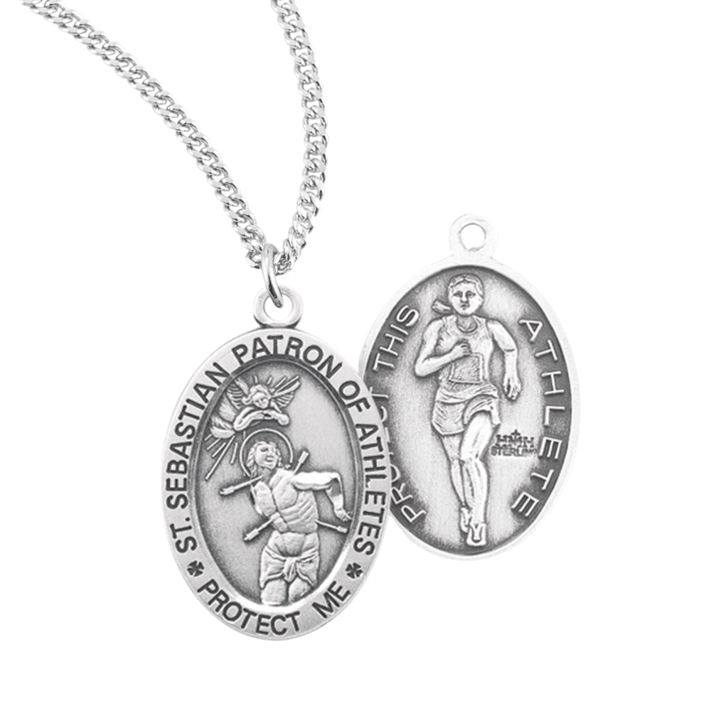 Saint Sebastian Oval Sterling Silver Female Track Athlete Medal, Catholic Gift, Made in USA