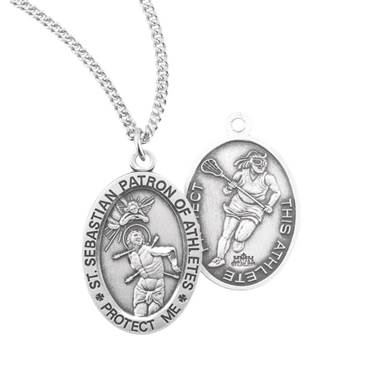 Sterling Silver Oval St. Sebastian Women's Lacrosse Medal, Catholic Gift, Made in USA