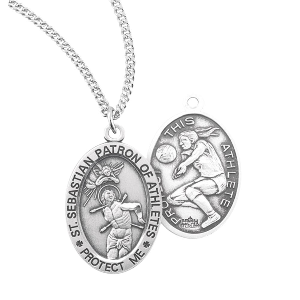 Saint Sebastian Oval Sterling Silver Female Volleyball Athlete Medal, Catholic Gift, Made in USA