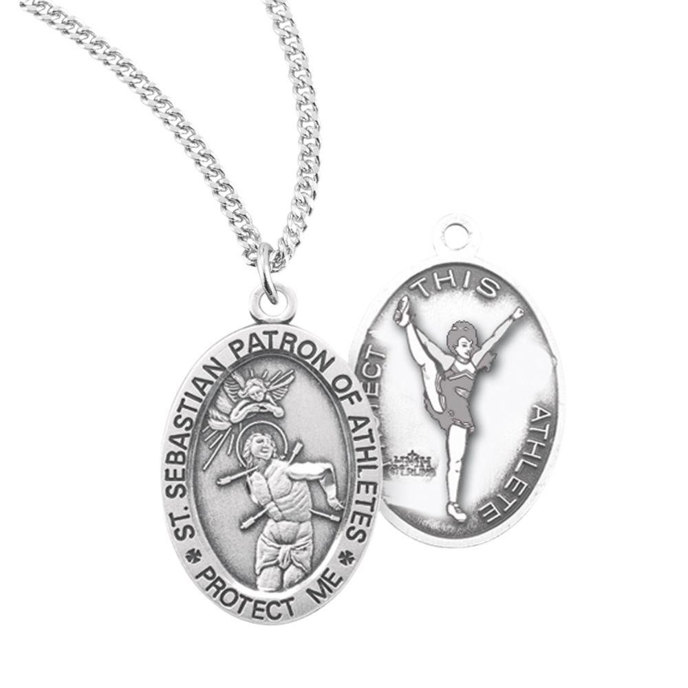 Saint Sebastian Oval Sterling Silver Female Cheer Athlete Medal, Catholic Gift, Made in USA