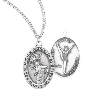 Saint Sebastian Oval Sterling Silver Female Cheer Athlete Medal, Catholic Gift, Made in USA
