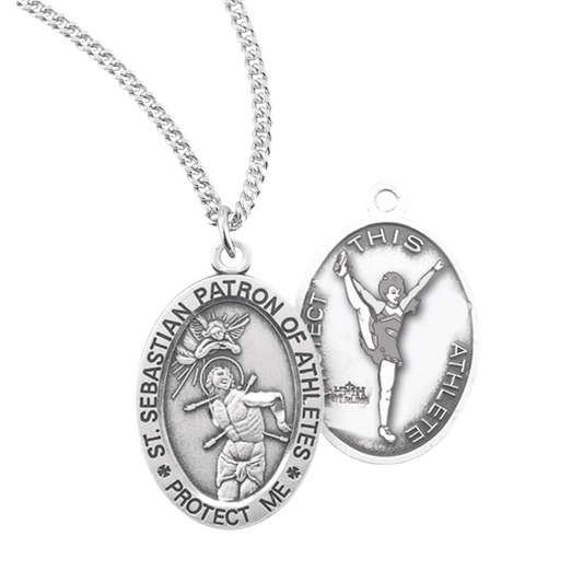 Saint Sebastian Oval Sterling Silver Female Cheer Athlete Medal, Catholic Gift, Made in USA
