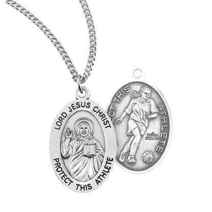 Lord Jesus Christ Oval Sterling Silver Female Soccer Athlete Medal, Catholic Gift, Made in USA