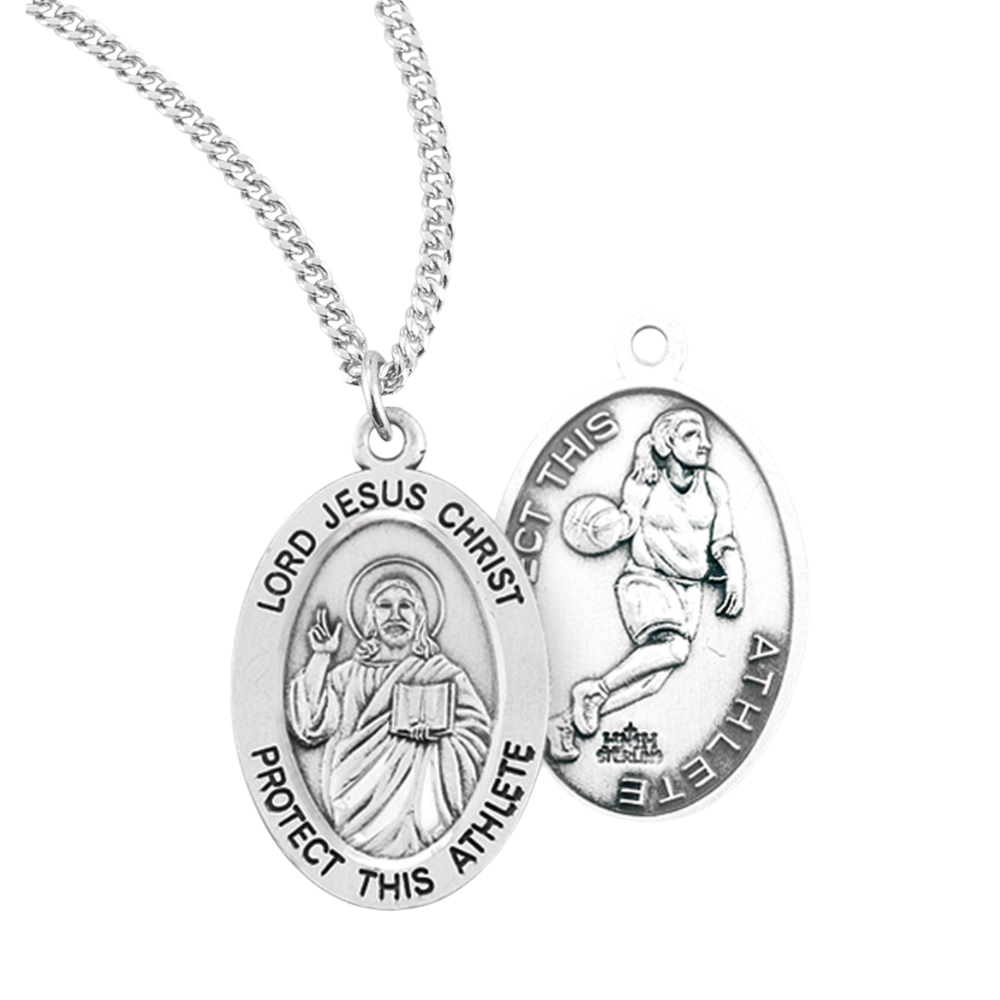 Lord Jesus Christ Oval Sterling Silver Female Basketball Athlete Medal, Catholic Gift, Made in USA