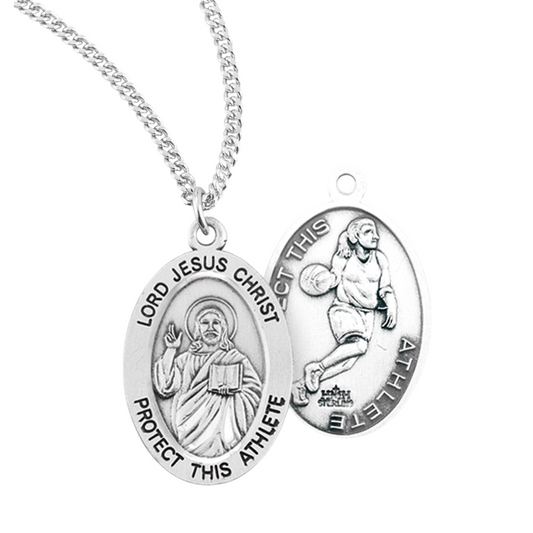 Lord Jesus Christ Oval Sterling Silver Female Basketball Athlete Medal, Catholic Gift, Made in USA