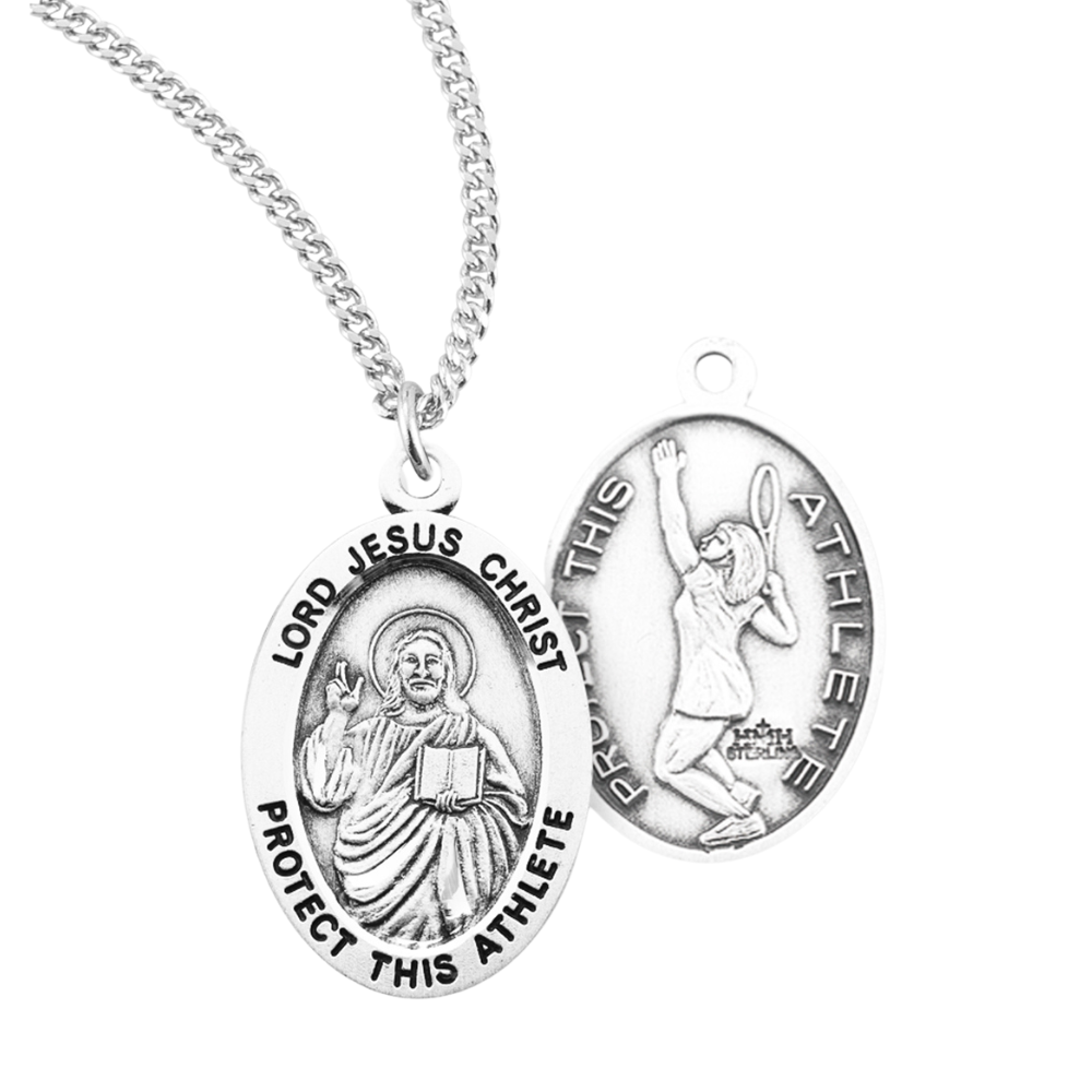 Lord Jesus Christ Oval Sterling Silver Female Tennis Athlete Medal, Catholic Gift, Made in USA