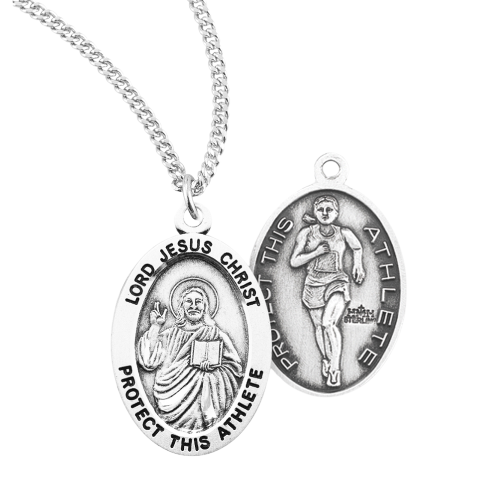 Lord Jesus Christ Oval Sterling Silver Female Track Athlete Medal, Catholic Gift, Made in USA