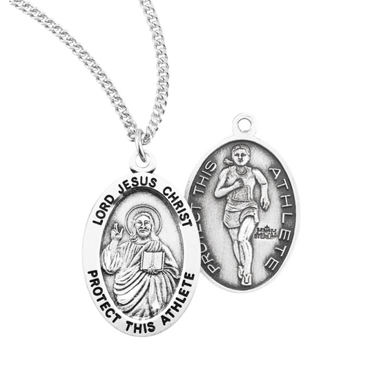 Lord Jesus Christ Oval Sterling Silver Female Track Athlete Medal, Catholic Gift, Made in USA
