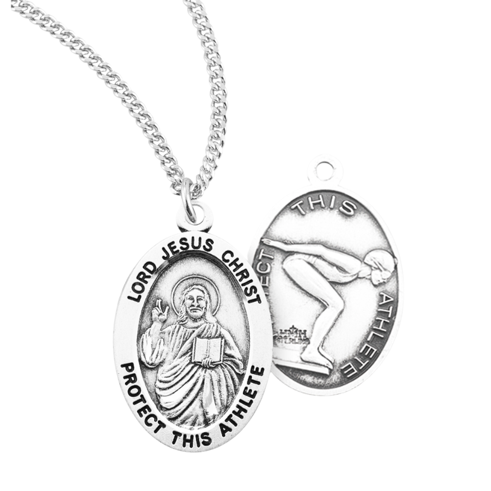 Lord Jesus Christ Oval Sterling Silver Female Swimming Athlete Medal, Catholic Gift, Made in USA